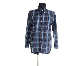 Ralph Lauren camisa a cuadros de tartán azul hombres vintage mangas largas botón abajo camisa vaquera tamaño M