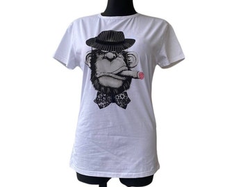 Vintage hombres camiseta blanca tamaño S XRAY sombrero elástico mono cigarro mangas cortas gangsta animal amante regalo para él unisex oso retro