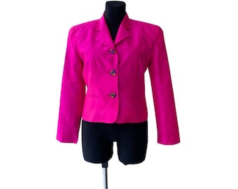 80s 90s womens fuchsia silk blazer neon jacket Y2K for coat embellished with jewel classic lapel traditional collar size 4 Evan Picone