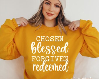 Chosen Blessed Forgiven Redeemed SVG PNG | Christian Faith Quote Cricut Cut File | Bible Verse Shirt Design | Religious Sublimation PNG