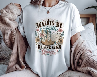 Walk By Faith PNG, Christian Western Mama PNG, Cowgirl Faith Shirt Design, Christian Sublimation png, DTF Transfer, Bible Boots