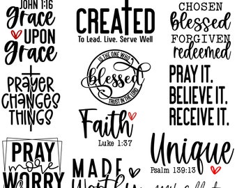 Christian SVG Bundle 10 Designs | Bible Verse Faith Shirt Cut Files | Chosen Blessed Pray Believe Cricut | Sublimation PNG Church Decor