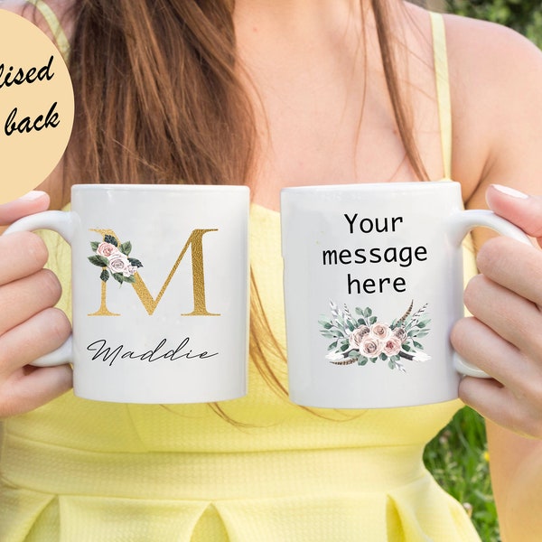 Monogrammed Letter M coffee mug floral watercolour golden initials feminine hand draw  and personalised back message birthday gift