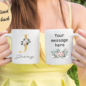 Monograma Carta J taza de café floral acuarela golden initials femenino dibujo a mano y personalizado mensaje de nuevo regalo de cumpleaños