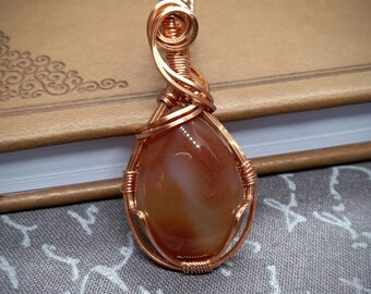 Oxidized Copper Spiritual Chakra Jewelry Energy Gifts for Her. Patina Large Wire Wrapped Striped Orange Agate Pendant Necklace
