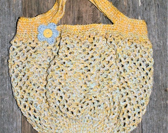 Market Bag - Crochet Market Bag in Cheerful Yellow and Pale Blue - Handmade