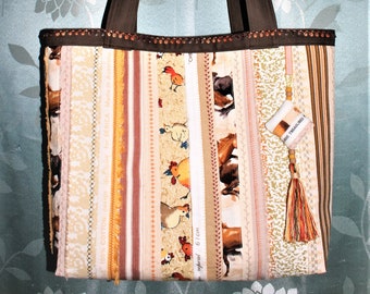 Large Market Bag - Shopping Bag - Tote - &quot;Chicken-Horse&quot;  Selvedge Patchwork Bag With Matching Keychain