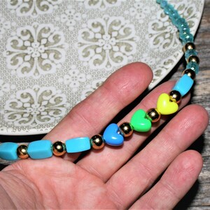 Girls Blue And Gold Heart Necklace - Pretty Blue and Gold Necklace- Girls Heart Beaded Necklace