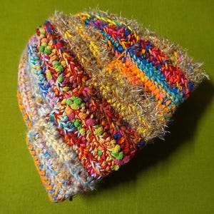 Hippie Boho Beanie - Colourful Button Top Beanie - Pink Orange Blue Red Purple Stripe - Thick Heavily Textured - Adult Size - Crochet Beanie