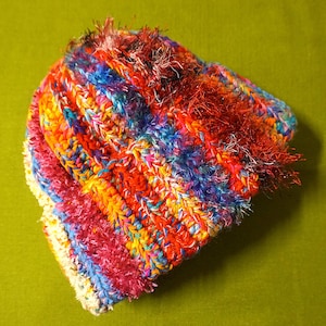 Hippie Boho Beanie - Button Top Beanie - Pink Orange Blue Red Stripes - Thick - Heavily Textured - Teen To Small Adult Size - Crochet Beanie