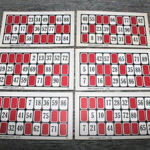 Cartões de loteria vintage John Sands - Cartões de bingo - Pacote de 6 cartões vintage - Coisas efêmeras vintage