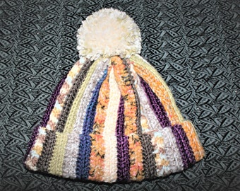 Colourful Striped Beanie With Large Pompom - Thick, Textured, And Warm - Adult Size - Crochet Beanie - Winter Hat