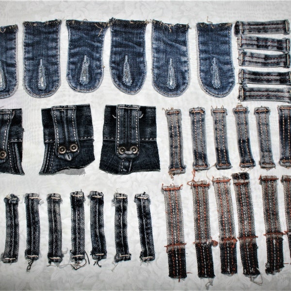 Reclaimed Jeans Belt Loops And Button Tabs - 34 pieces - Denim Jeans Parts - Recycled Reclaimed Belt Loops - Craft And Sewing