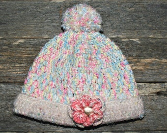 Pink, Blue And Lemon Beanie With Fluffy Pom Pom And Flower - Crochet Beanie - Skull Cap