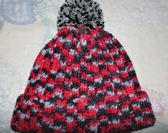Red, Grey And Charcoal Beanie With Pompom - Soft And Warm - Large Adult Size - Crochet Beanie - Winter Hat