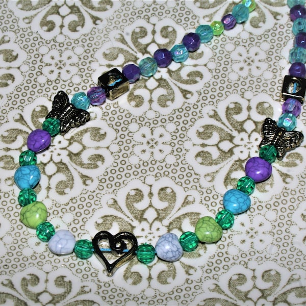 Girls Blue, Green, Purple And Gold Heart Necklace - Girls Heart Beaded Necklace - Fashion Necklace