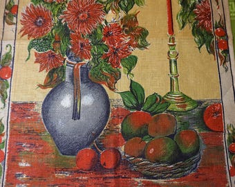 Vintage Lamont Floral Tea Towel - Irish Pure Linen Tea Towel - Vintage Floral And Fruit Tea Towel - Linen Tea Cloth