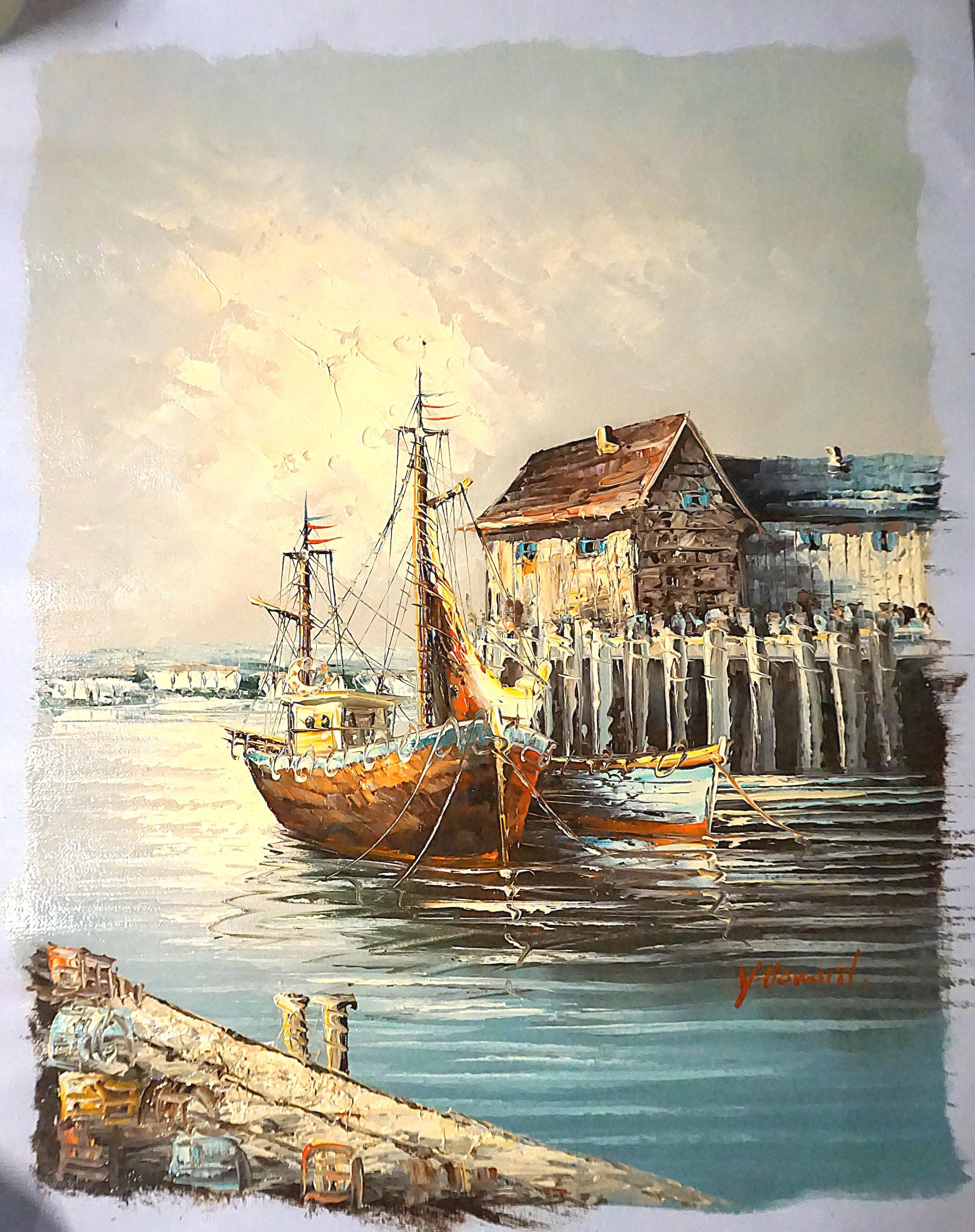【P50号】good blue(cave) 油絵 oil painting Y. Howard - Original Painting - Unframed Oil on Canvas - Boats at