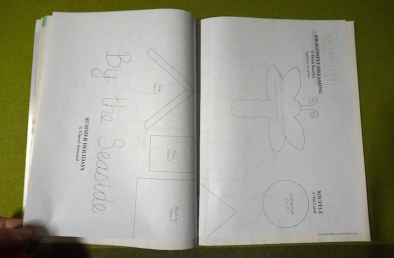Puede incluir: Libro abierto con p&aacute;ginas que presentan dibujos lineales de una lib&eacute;lula, formas de casa y el texto "By the Seaside" y "Summer Holidays". Las p&aacute;ginas est&aacute;n sobre una superficie verde.