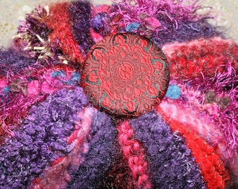 Hippie Boho Beanie - Button Top Beanie - Purple Red Pink - Thick, Heavily Textured, Very Warm - Adult Size - Crochet Beanie - Winter Hat