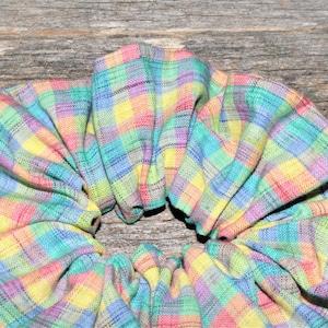Pastel Rainbow Tartan Scrunchie - Generous Size - Hair Scrunchie Elastic