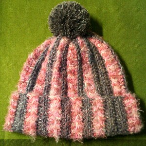 Pink And Purple Striped Beanie With Pompom - Soft, Fluffy, Textured, And Warm - Adult Size - Crochet Beanie - Winter Hat