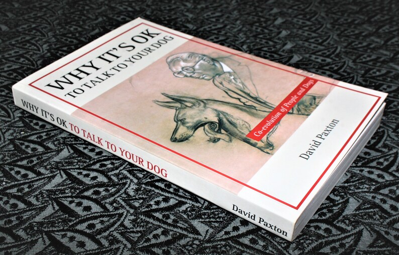 May include: A white book titled "Why It's OK to Talk to Your Dog" with a red stripe and a black and white illustration of a person and a dog on the cover. The book's subtitle is "Co-evolution of People and Dogs". The author's name, David Paxton, is printed on the spine and bottom of the book.