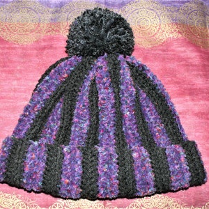 Charcoal And Purple Stripe Beanie With Pompom - Soft And Warm - Large Adult Size - Crochet Beanie - Winter Hat