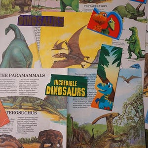 Dinosaur Theme Vintage Book Page Ephemera Pack - 25 Sheets Of Vintage Book Pages, Stickers, Fabric Piece, Cardboard Pictures - Activity Card