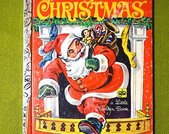 Pode incluir: Livro infantil vintage intitulado "The Night Before Christmas". A capa apresenta uma ilustração do Papai Noel com um traje vermelho, carregando um saco e caminhando por uma porta. O título está em letras amarelas.