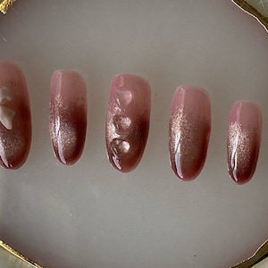 Cat eye gel, long round nail,  pink nails, sparkling nails, coquette nails 10 pcs