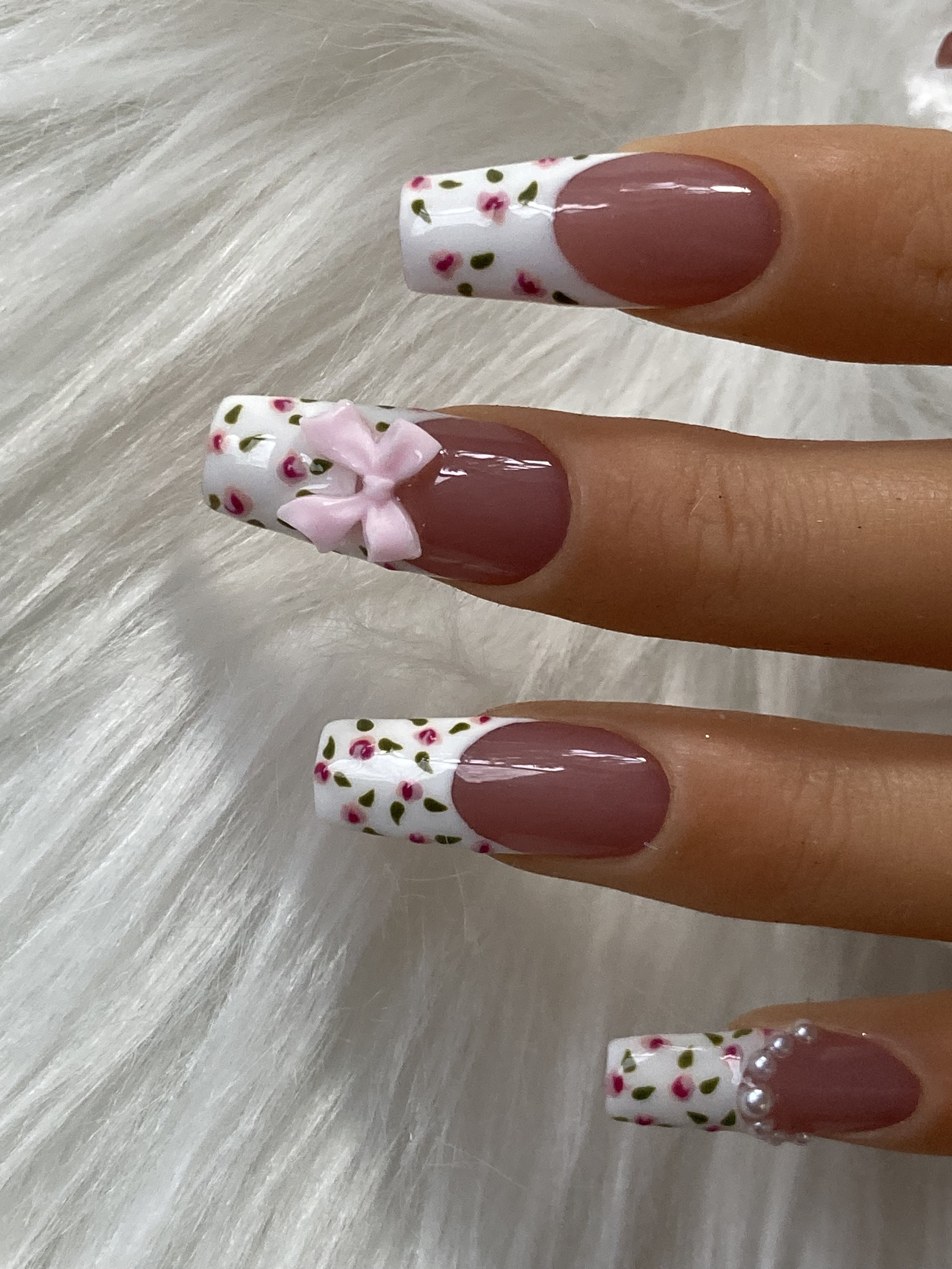 Long Rectangle Nails, Handpainted Flower French Tip, Pretty Nails ...