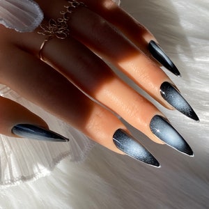 Medium stiletto aurora nails, black and white nails, silver nails, cyberpunk nails, 10 pcs