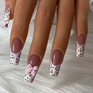 Long rectangle nails, handpainted flower French tip, pretty nails, spring nails, 10 pcs