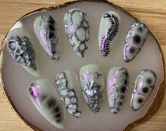 Alien-achtige kunstnagels, handgeschilderde cyberpunknagels, zwart-witte nagels - 10 stuks