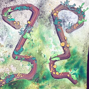 Original gouache painting of abstract branches with moss and lichen