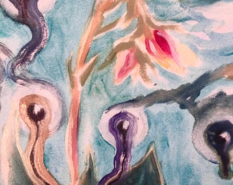 Original sureal oil painting of eyes, plants, and water
