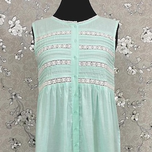 Victorian Sea Green Cotton Nightgown | Sleeveless Button Front | Eyelet Lace & Pintuck Detailing | SoieRose SR1136 | Vintage Inspired