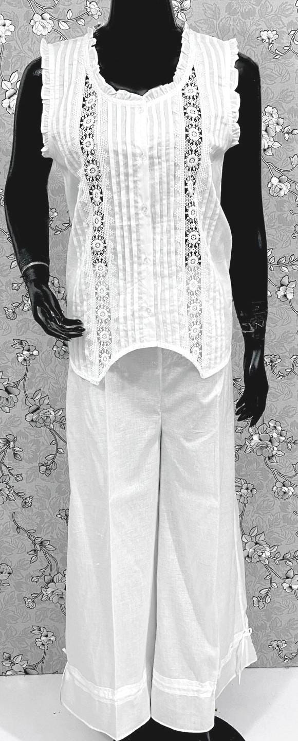 Victorian White Cotton Pajama Set | Sleeveless Lace Trim Top & Wide Leg Pants | SoieRose SR1175 | Cottagecore Loungewear Sleep Set