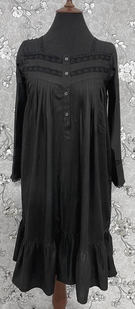 Black Victorian Cotton Nightgown - SoieRose Lace Accent