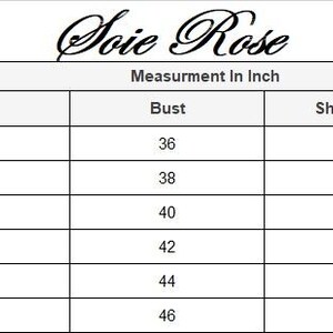 May include: A white chart with the text "Soie Rose" at the top. The chart includes measurements in inches for bust, shirt length, and sleeve length, with sizes ranging from XSmall to XXLarge. The chart is labeled "Measurment In Inch".