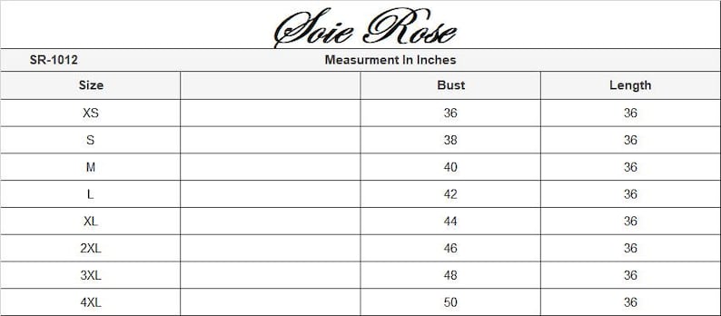 May include: A black and white size chart for Soie Rose model SR-1012, displaying measurements in inches. The table lists sizes from XS to 4XL, with bust measurements ranging from 36 to 50 inches and a consistent length of 36 inches for all sizes.