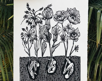 Origins I - floral handprinted woodblock print