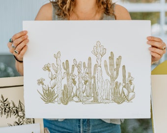Desert - handprinted woodcut