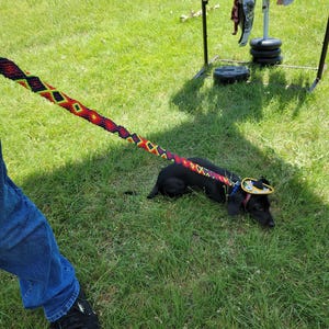 May include: A black dog wearing a small sombrero on its head, attached to a long, woven leash featuring a repeating diamond pattern in vibrant red, yellow, and green colors. The leash is held at one end, extending down to the dog's collar.