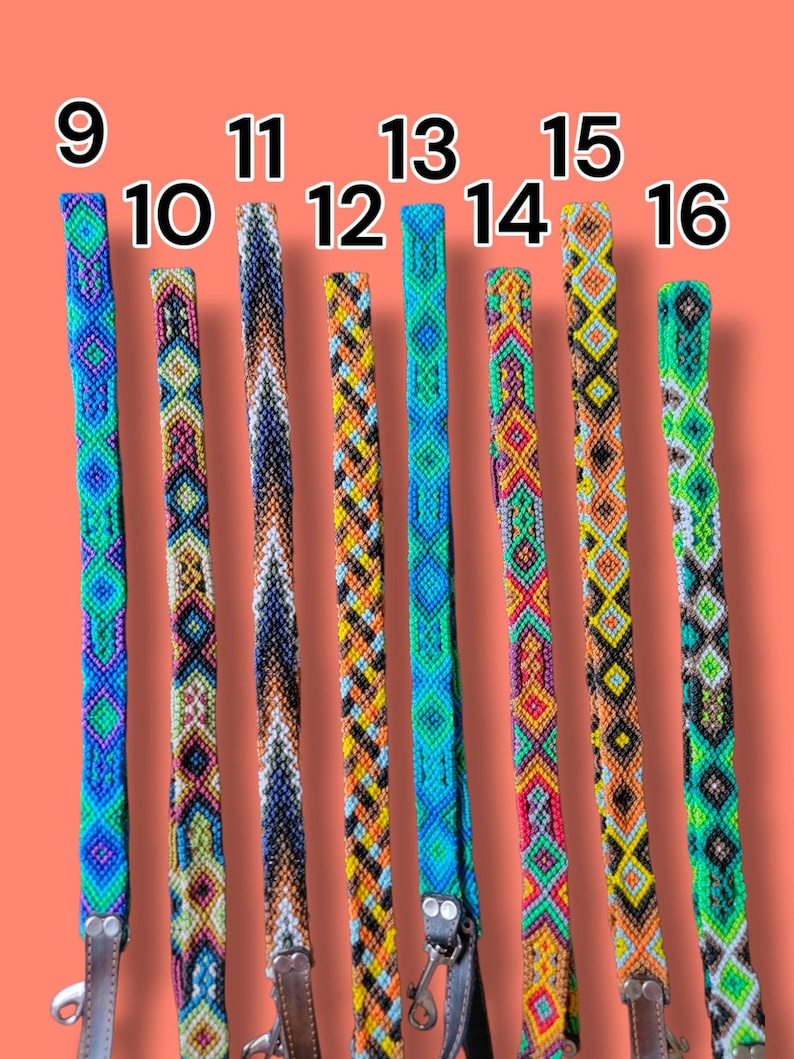 May include: Eight woven fabric straps labeled 9 through 16, featuring intricate geometric patterns in vibrant colors including neon green, blue, orange, pink, and black. Each strap includes a metal clasp at the bottom for secure attachment.