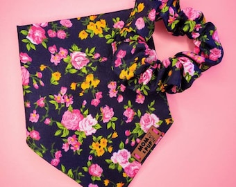 Over the collar bandana and Scrunchie Set - Floral dog scarf, puppy bandana, slide on bandana, girl dog bandana, dog bandana fall, boho