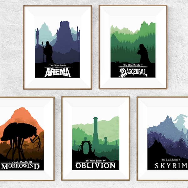 Skyrim Poster Print 5 Pack, The Elder Scrolls, Affiche de jeu vidéo, Gamer Gift, Morrowind, Oblivion, Daggerfall, Arène, Minimaliste, A4, A3