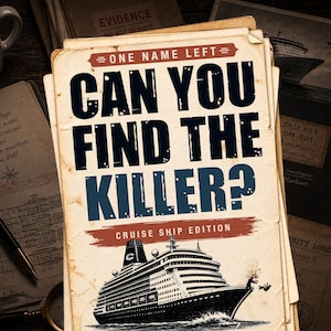 May include: A game box cover titled CAN YOU FIND THE KILLER? CRUISE SHIP EDITION. The design features a large black and white illustration of a cruise ship on a vintage-style paper background with bold black and blue text and red accents.