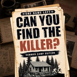 以下が含まれることがあります： 古びたオフホワイトの紙の束。太い黒文字で「ONE NAME LEFT CAN YOU FIND THE KILLER?」、赤文字で「KILLER?」と書かれている。その下には「SUMMER CAMP EDITION」の文字と、森の中の小屋を描いた白黒のイラストが配置されている。